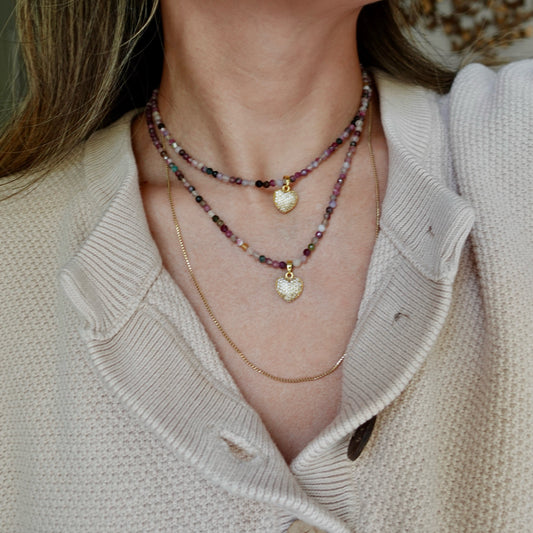 Multi-Color Tourmaline + 14k Gold Filled Heart Matching Necklaces