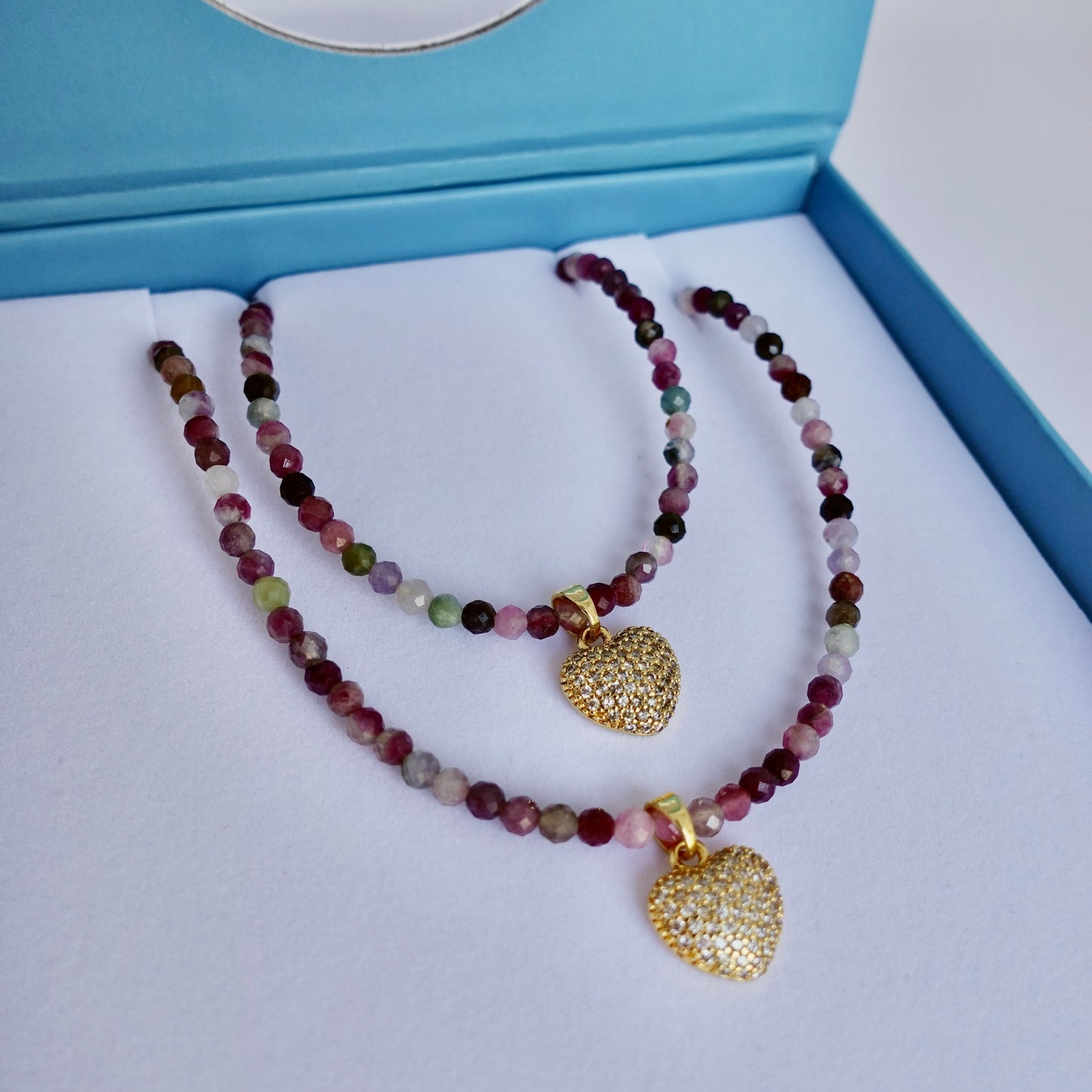 Multi-Color Tourmaline + 14k Gold Filled Heart Matching Necklaces