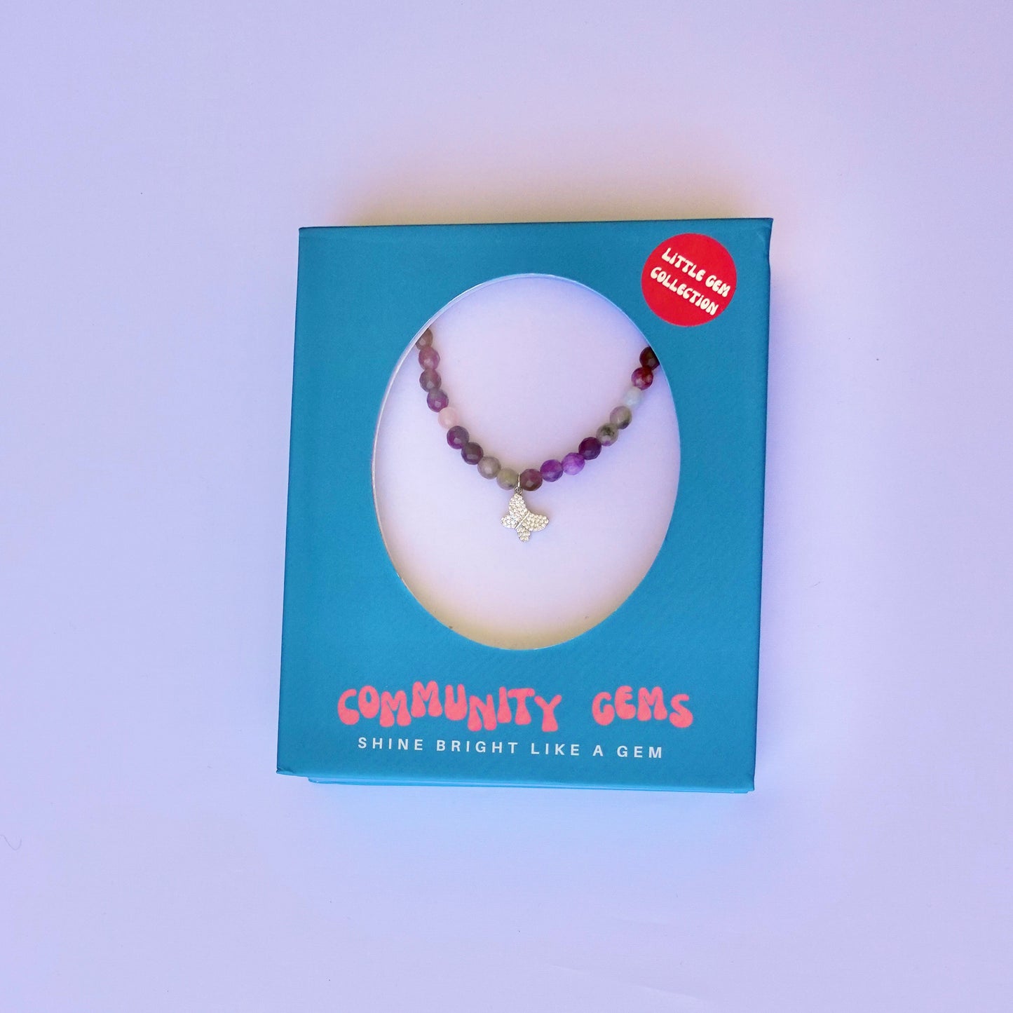 Multi-Colored Agate + 18k White Gold Filled Butterfly Necklace