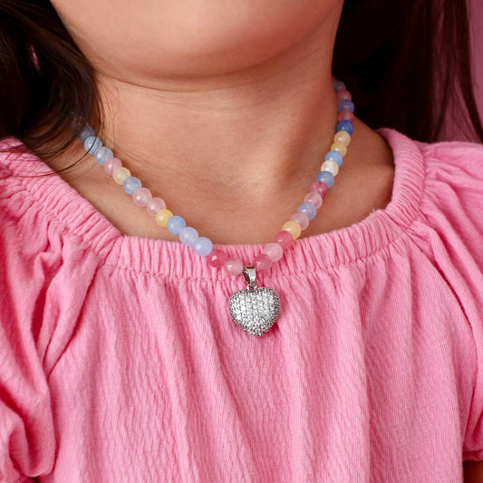 Bubblegum Agate + 14k White Gold Filled 3D Puffy Heart Necklace