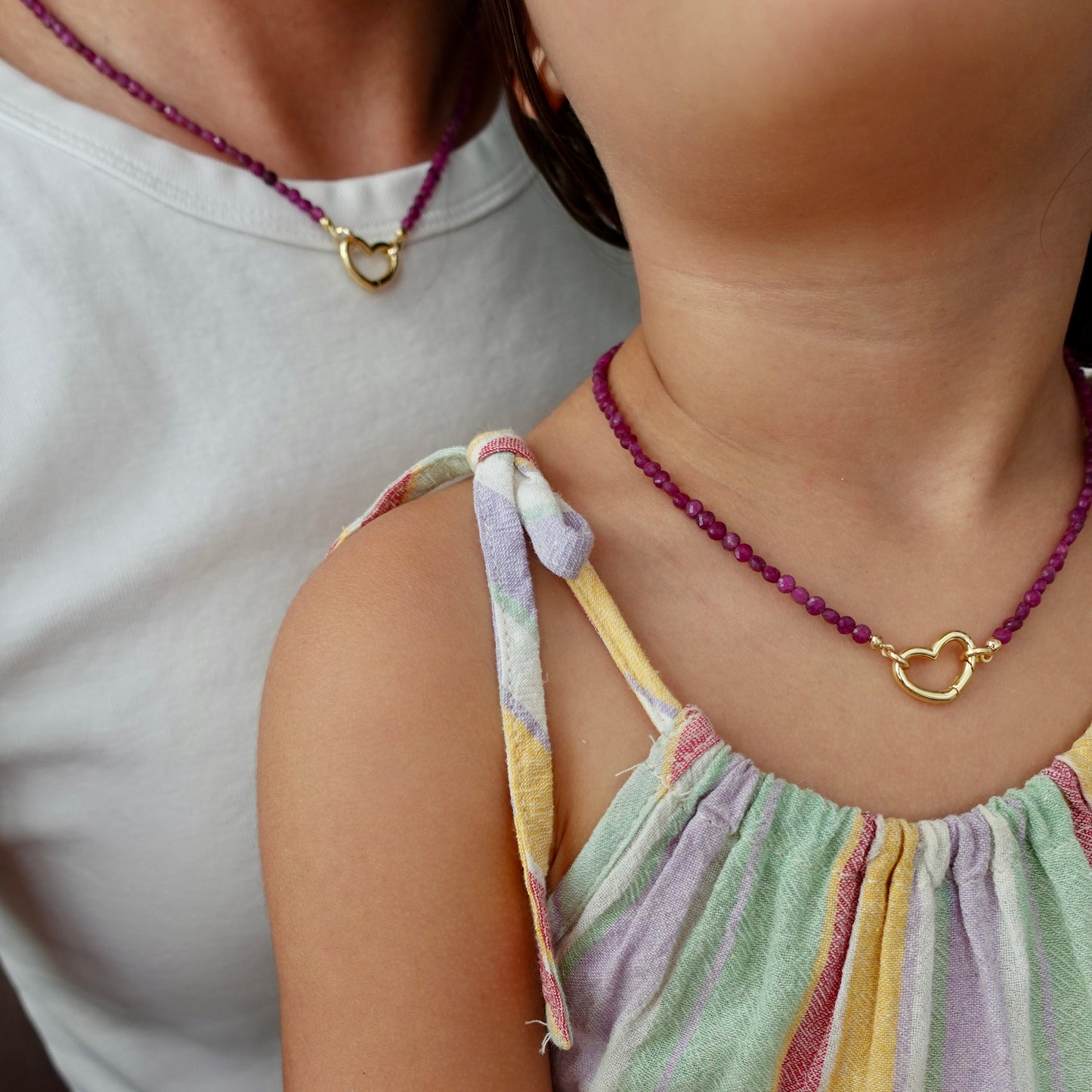 Ruby + 18k Gold Filled Heart Clasp Matching Necklaces