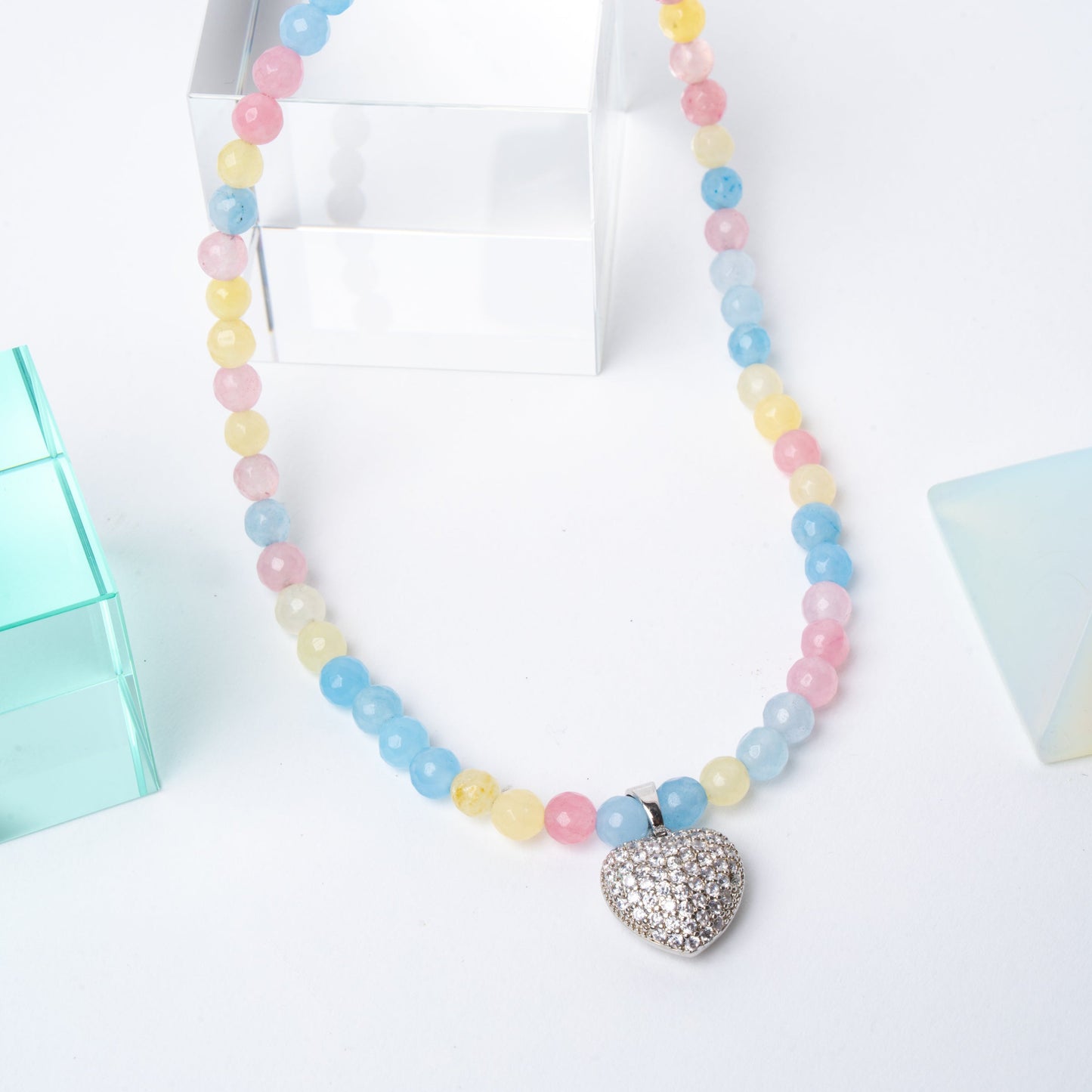 Bubblegum Agate + 14k White Gold Filled 3D Puffy Heart Necklace