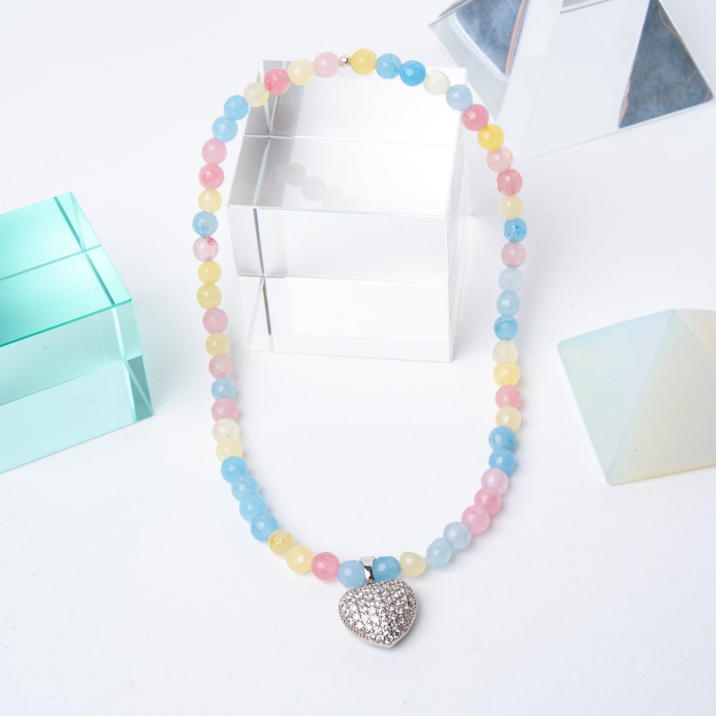 Bubblegum Agate + 14k White Gold Filled 3D Puffy Heart Necklace