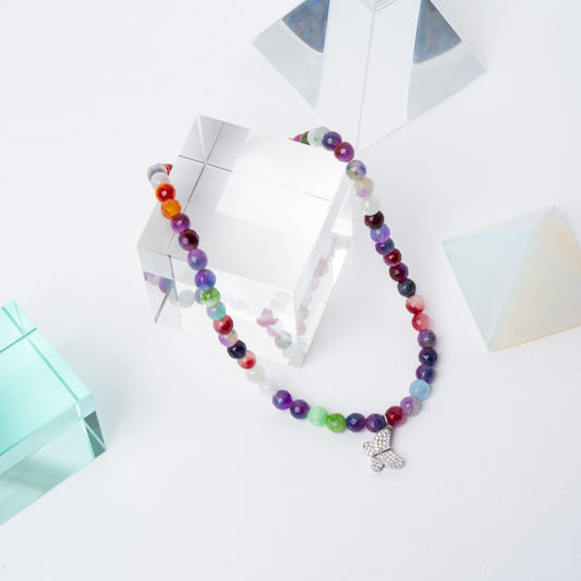 Multi-Colored Agate + 18k White Gold Filled Butterfly Necklace