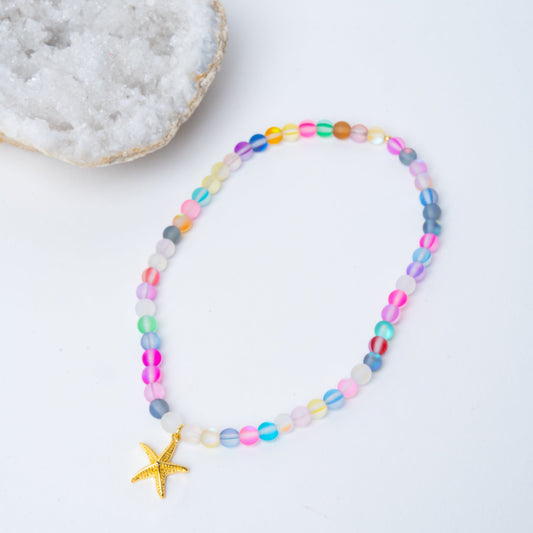 Multi-Color Mermaid Glass + 24k Gold Filled Starfish Necklace