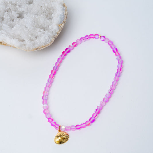 Purple Mermaid Glass + 24k Gold Filled Seashell Necklace