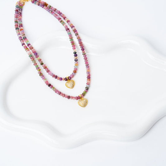 Watermelon Tourmaline + 14k Gold Filled Heart Matching Necklaces