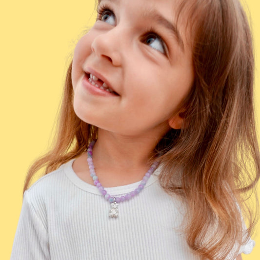 Lilac Marble Agate + 14k White Gold Plated Gummy Bear Necklace