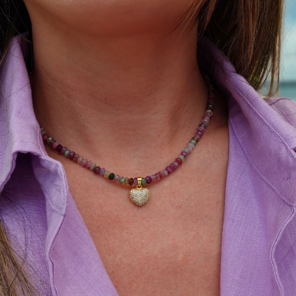 Watermelon Tourmaline + 14k Gold Filled Heart Matching Necklaces