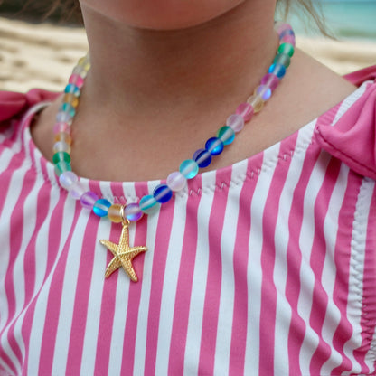 Multi-Color Mermaid Glass + 24k Gold Filled Starfish Necklace