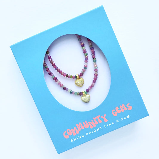 Watermelon Tourmaline + 14k Gold Filled Heart Matching Necklaces