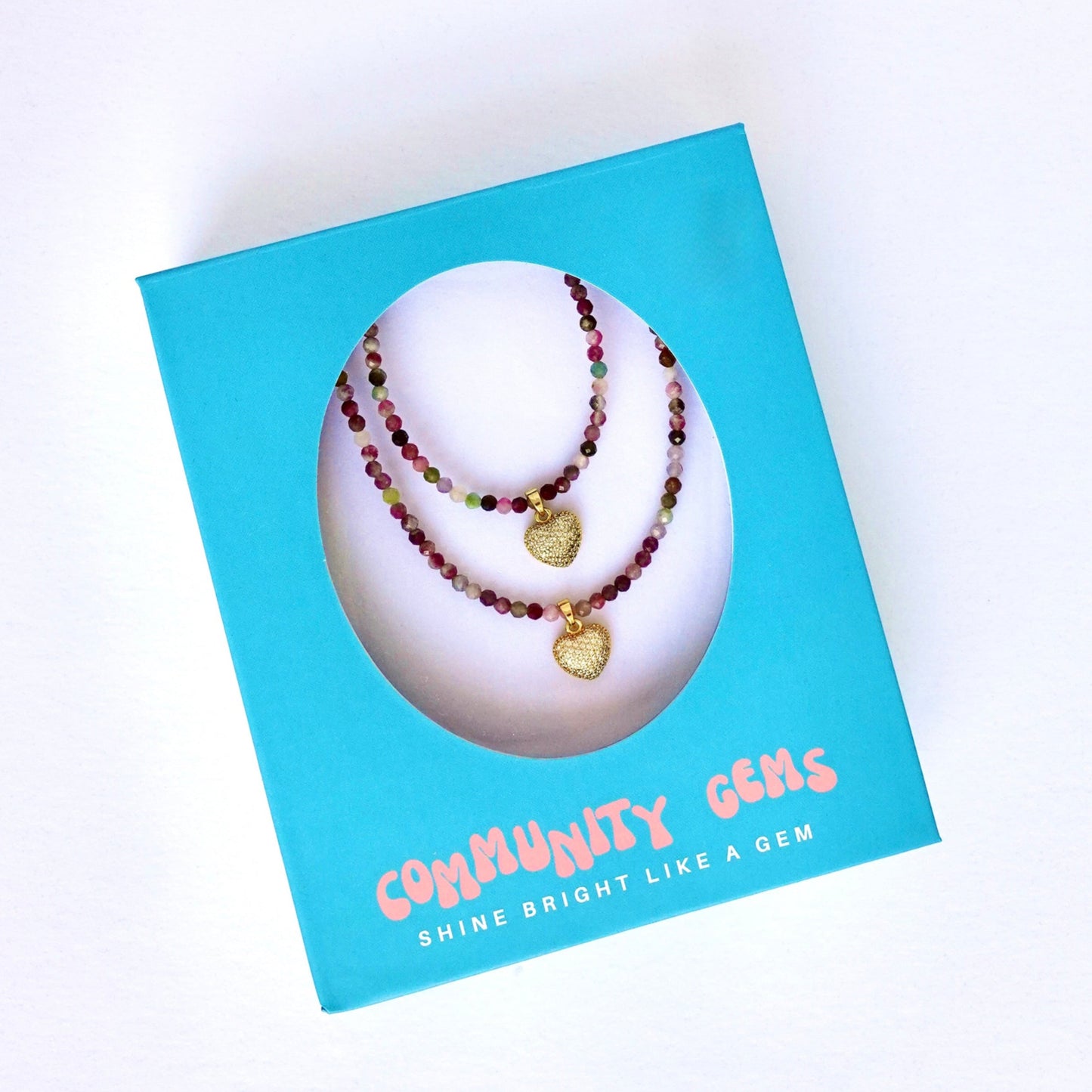 Multi-Color Tourmaline + 14k Gold Filled Heart Matching Necklaces