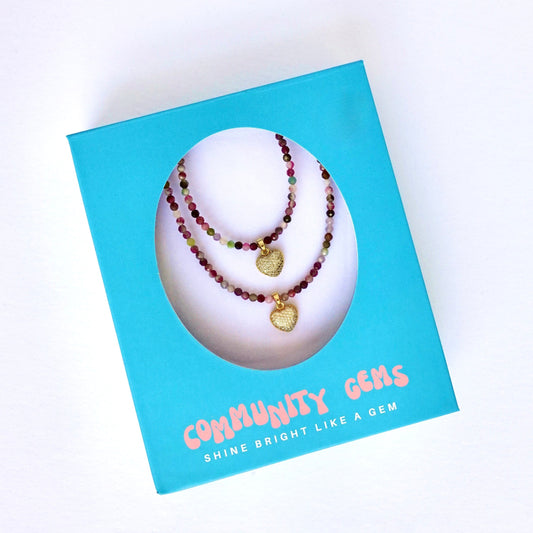 Multi-Color Tourmaline + 14k Gold Filled Heart Matching Necklaces