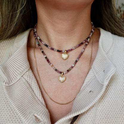 Multi-Color Tourmaline + 14k Gold Filled Heart Matching Necklaces