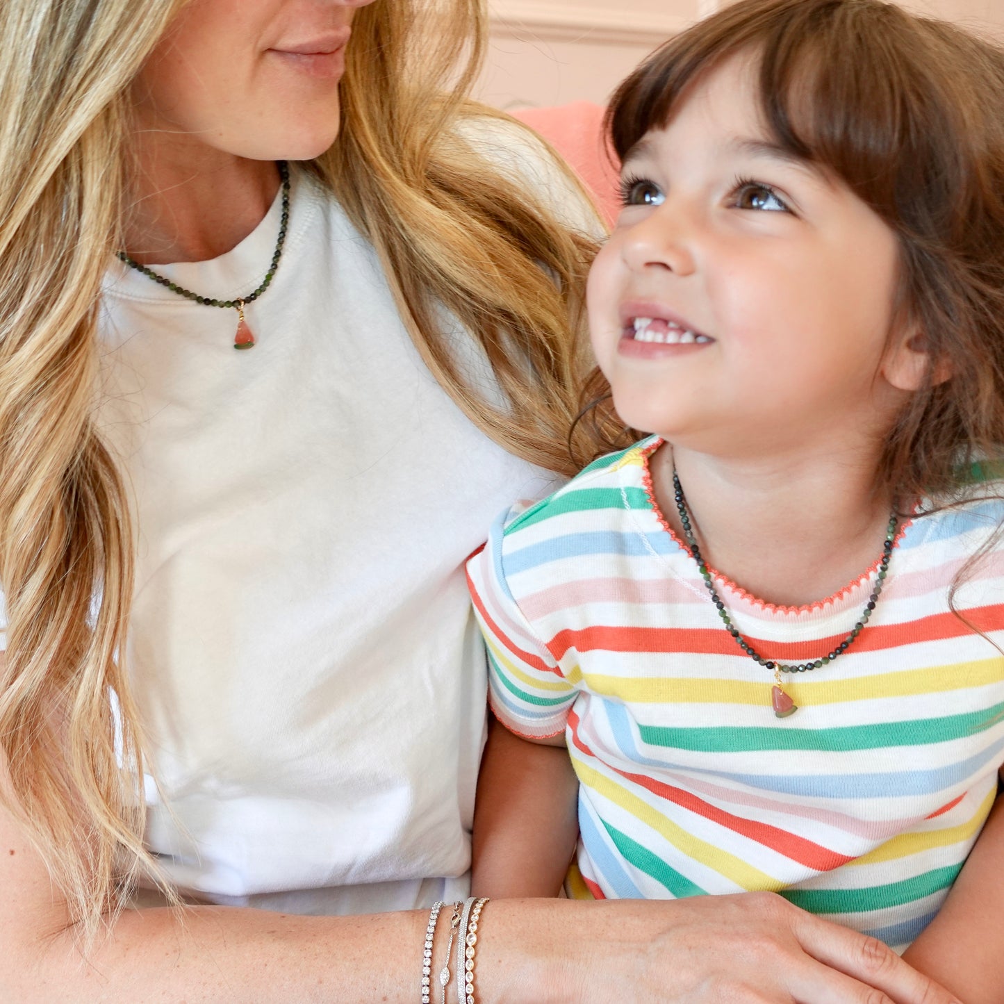 Emerald + Watermelon Agate 14k Gold Filled Matching Necklaces