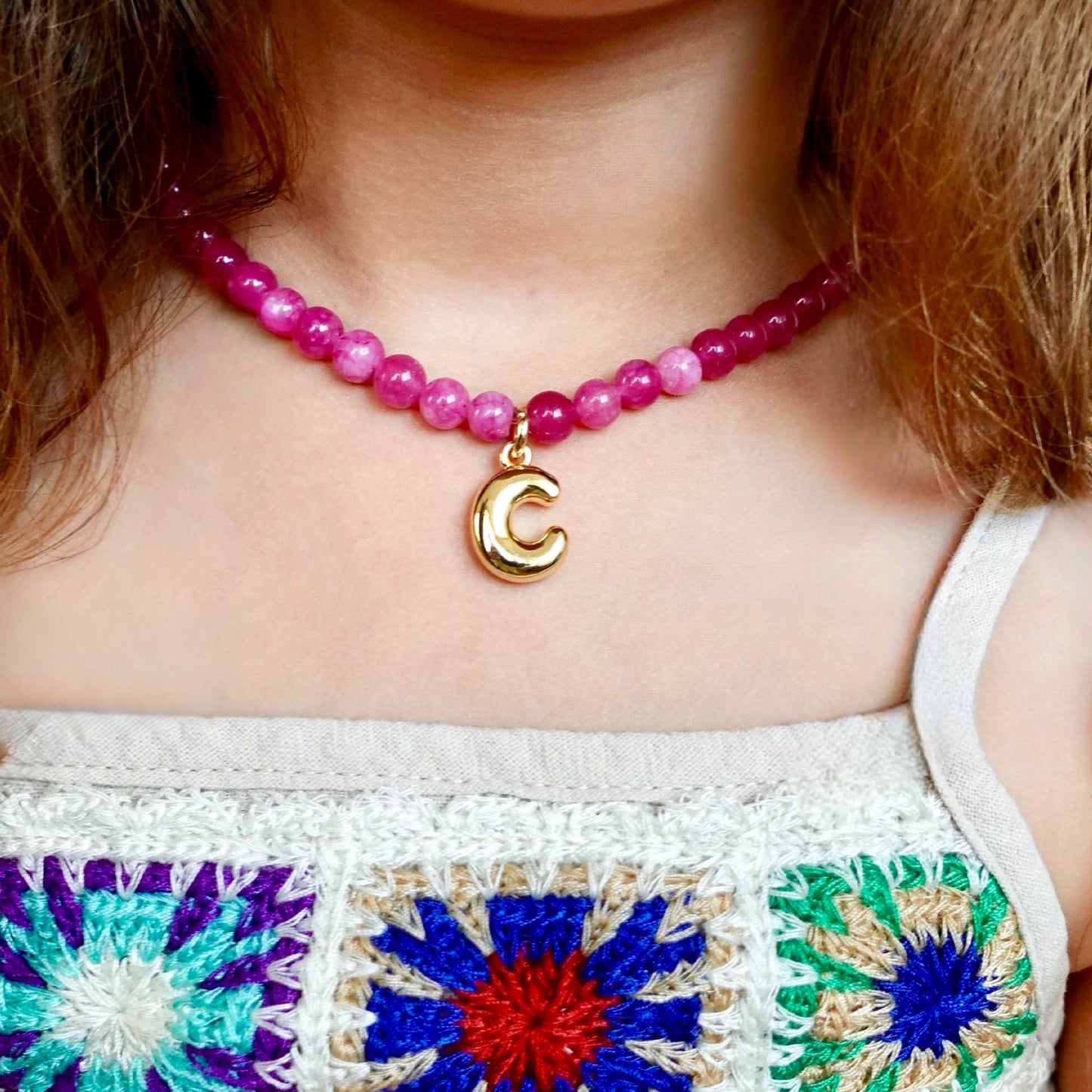 Maroon Agate + 18k Gold Filled Custom Bubble Initial Necklace