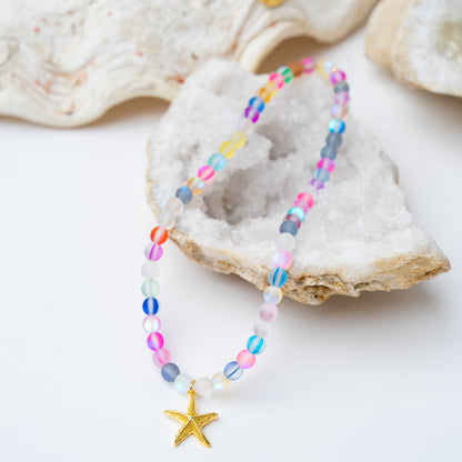 Multi-Color Mermaid Glass + 24k Gold Filled Starfish Necklace