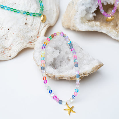 Multi-Color Mermaid Glass + 24k Gold Filled Starfish Necklace