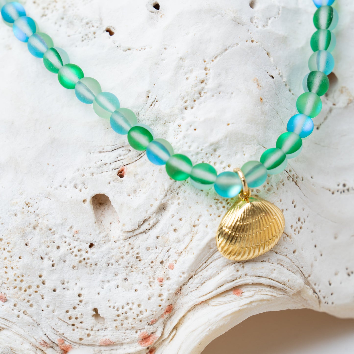 Green Mermaid Glass + 24k Gold Filled Seashell Necklace