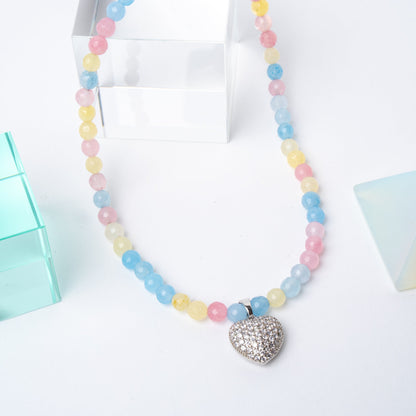 Bubblegum Agate + 14k White Gold Filled 3D Puffy Heart Necklace
