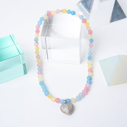 Bubblegum Agate + 14k White Gold Filled 3D Puffy Heart Necklace
